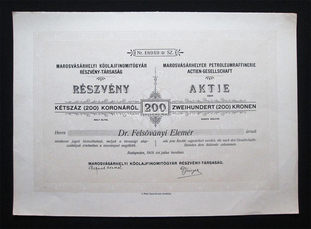 Marosvásárhely Kőolajfinomítógyár részvény 200 korona 1918 (ROU)